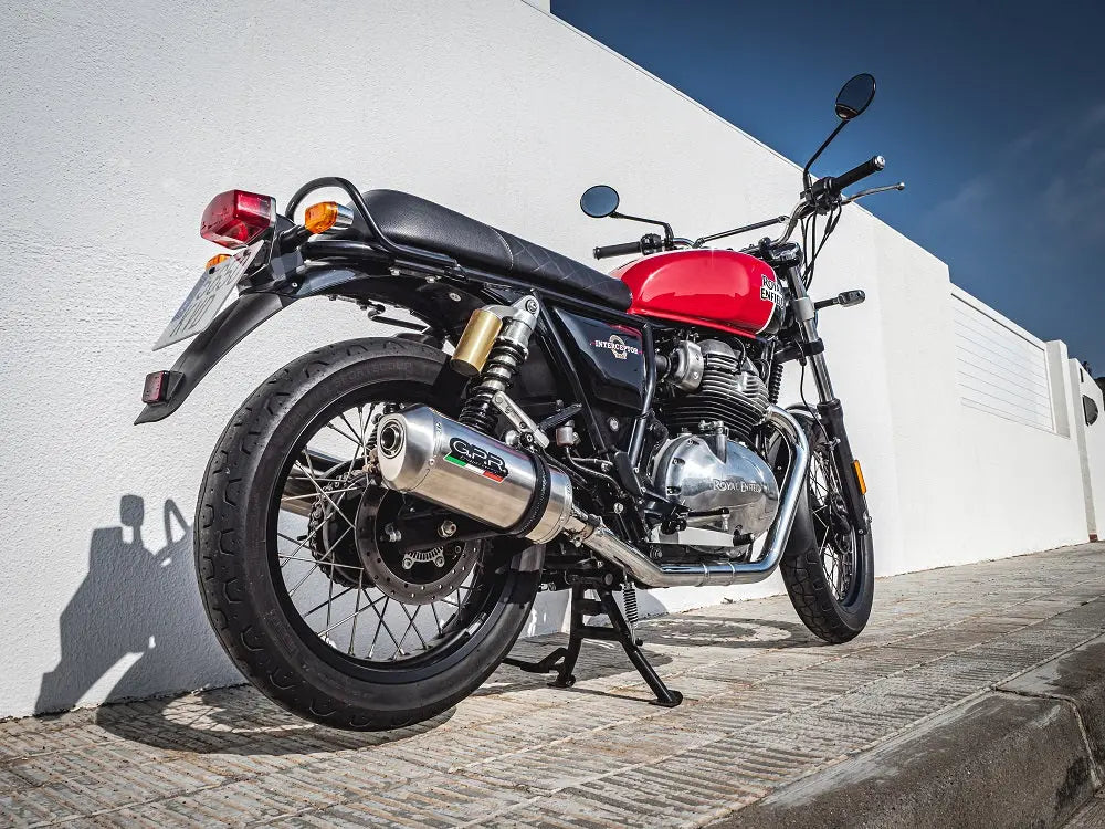 ROYAL ENFIELD INTERCEPTOR 650 2021-2024, SATINOX, DUAL HOMOLOGATED LEGAL SLIP-ON EXHAUST INCLUDING REMOVABLE DB KILLERS, LINK PIPES AND CATALYSTS GPR Exhaust