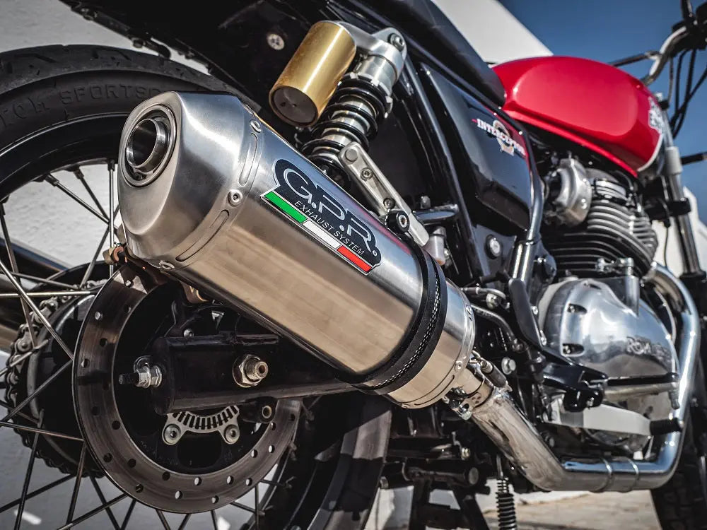 ROYAL ENFIELD INTERCEPTOR 650 2021-2024, SATINOX, DUAL HOMOLOGATED LEGAL SLIP-ON EXHAUST INCLUDING REMOVABLE DB KILLERS, LINK PIPES AND CATALYSTS GPR Exhaust